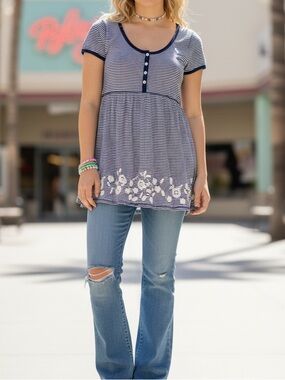 VTG Abercrombie & Fitch Y2K 90s Striped Henley Babydoll Tunic Top Floral Lace M